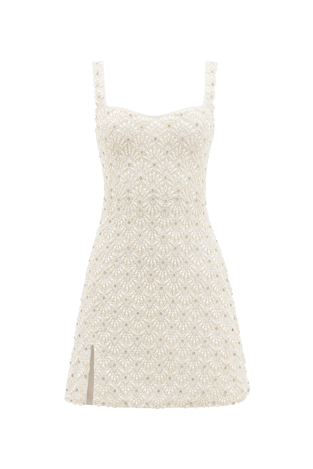 Front view of fancy sleeveless short dress with thigh slit on model