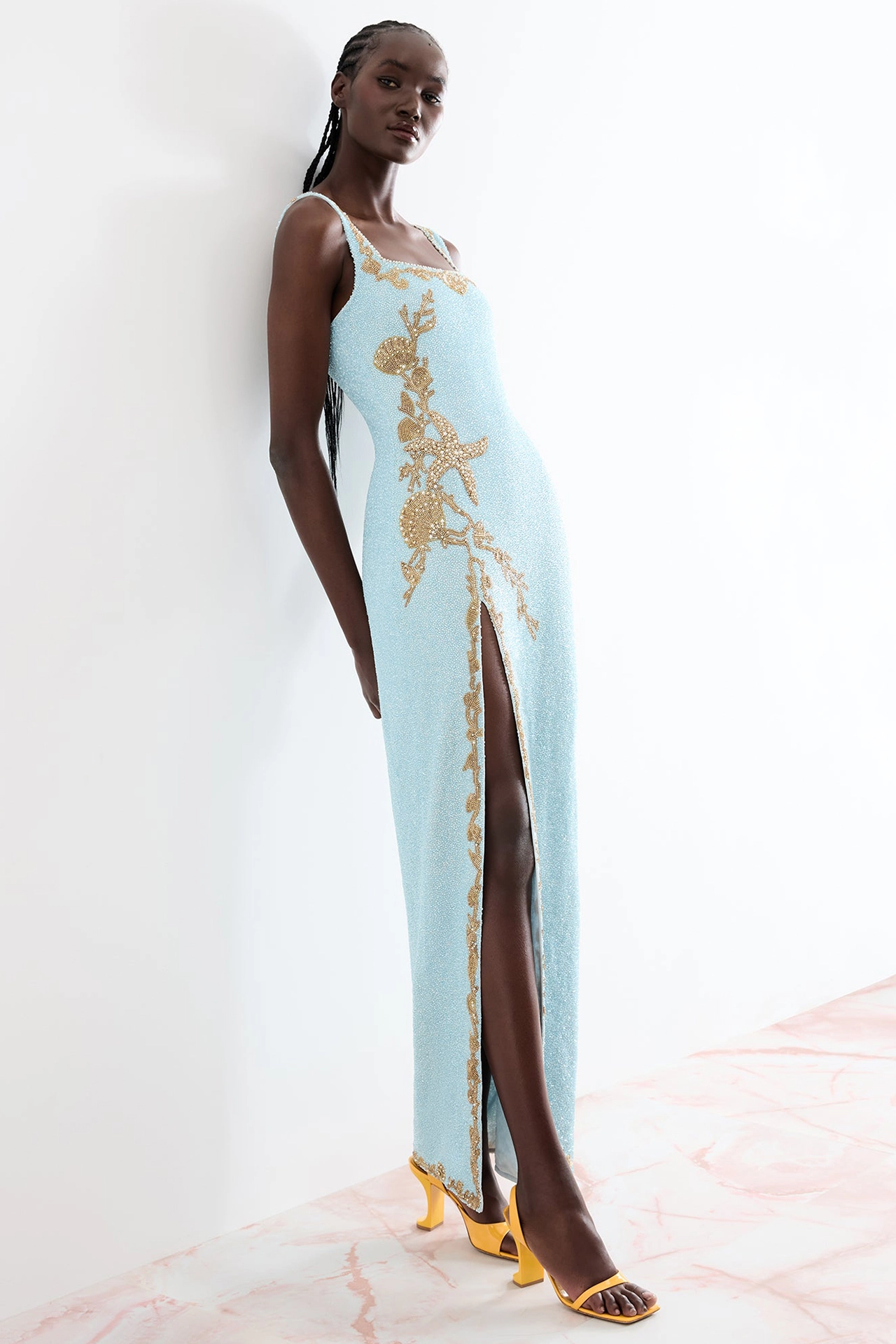 Premium blue gold seashell embroidered dress texture detail