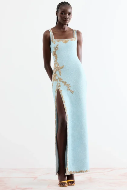 Elegant starfish maxi gown in sky blue with golden ocean beads