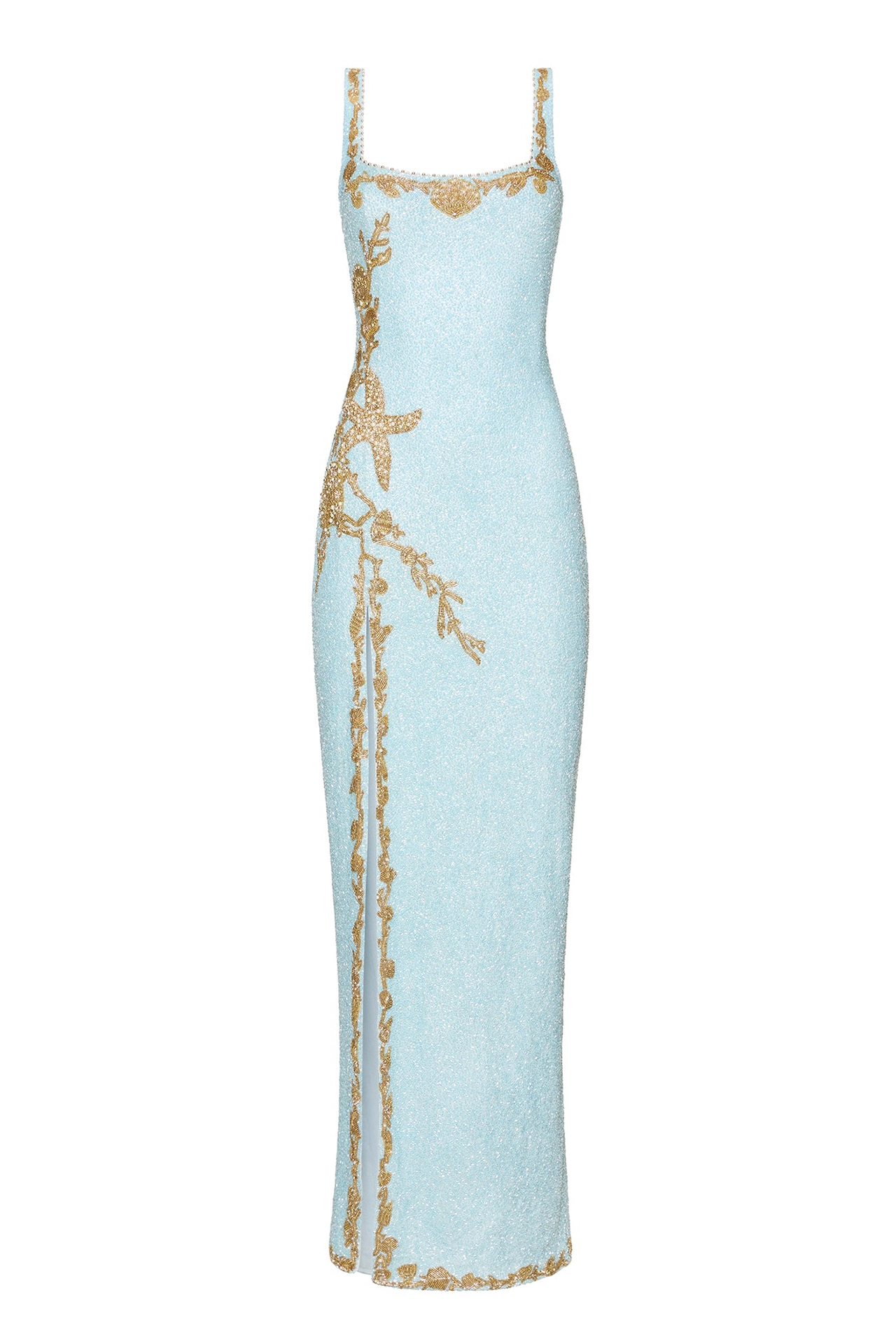 Full length front view of fancy sleeveless square neck gown with high split
