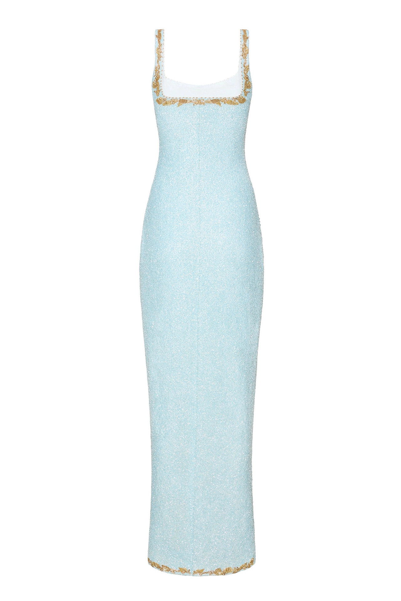 Clean straight back fit view of blue elegant starfish maxi gown
