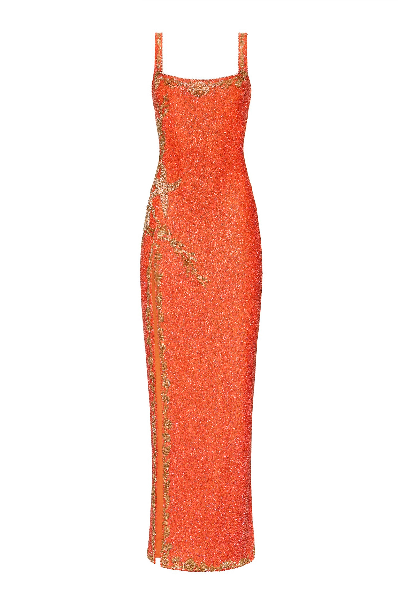 Close-up of rose pink mini dress fabric showing hand-embroidered seashell shapes and pearls