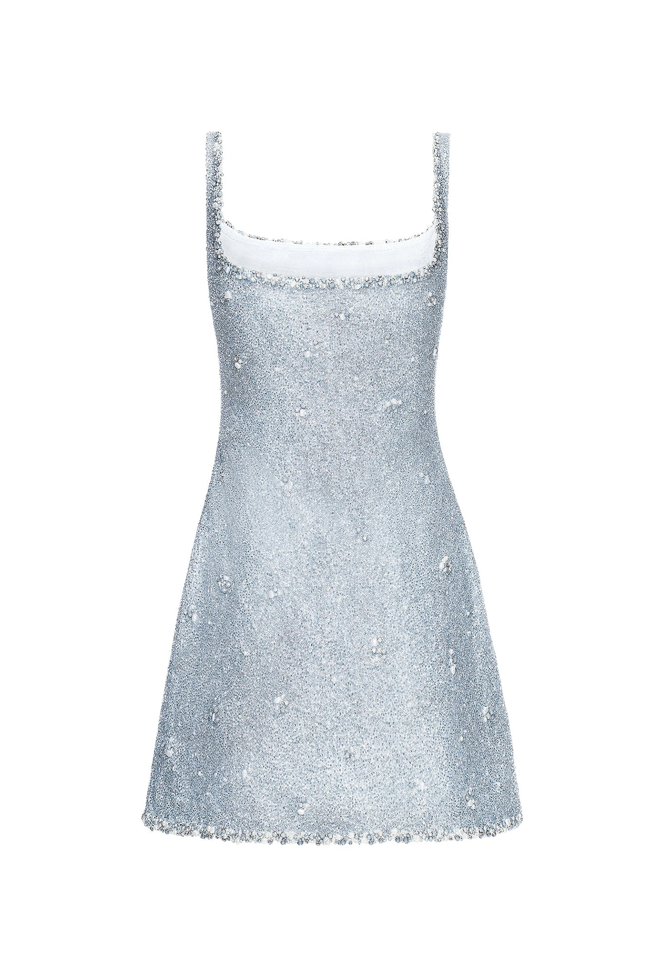 Back flat lay view of pretty cocktail dress with straps in light blue color