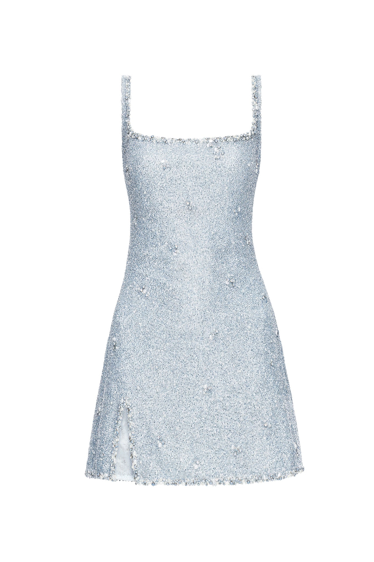 Front flat lay view of sparkling blue mini dress showing slight A-line silhouette