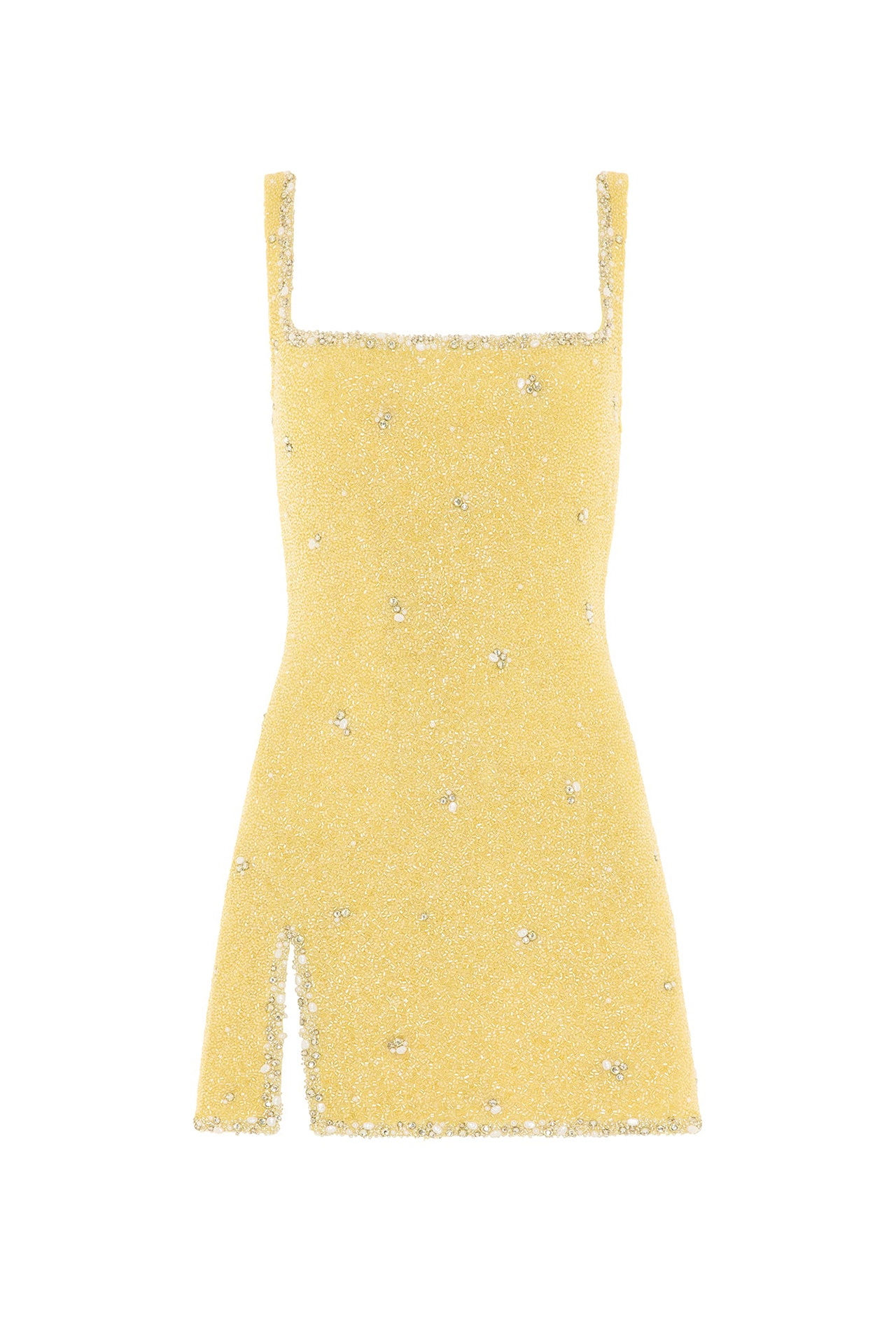 Full-length front view of model wearing short yellow dress for party event