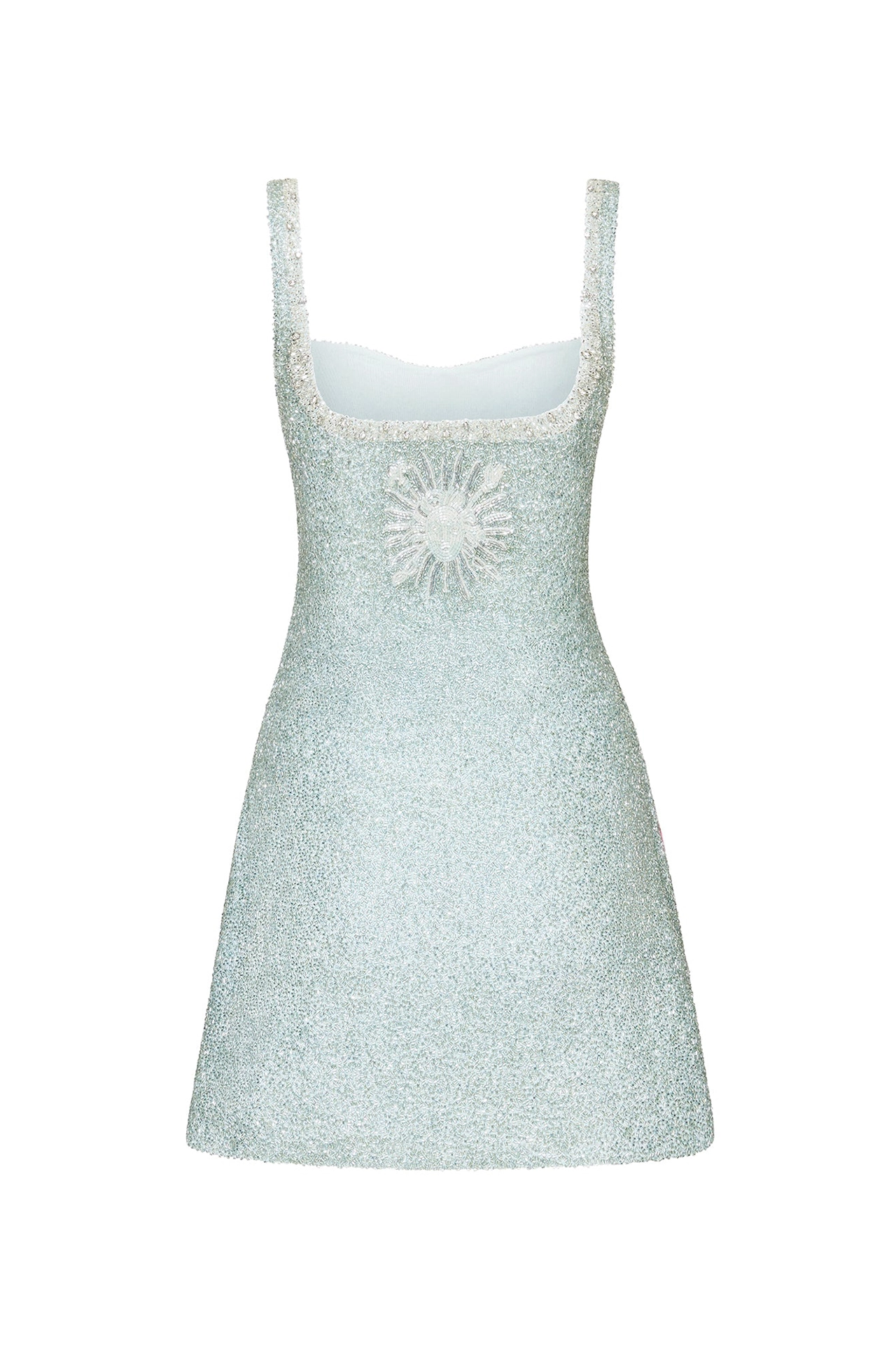 Blue luxury beaded party mini dress variant view in bright indoor lighting
