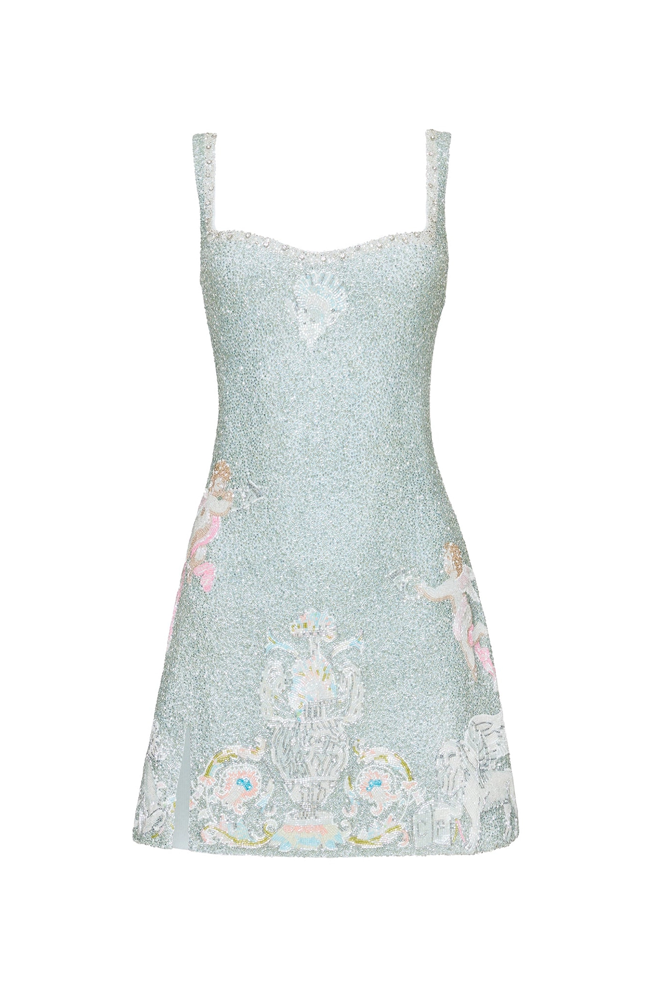 Luxury beaded party mini dress back view showing wide straps and clean zip closure