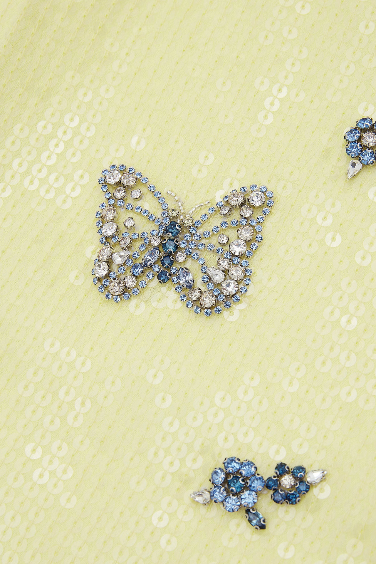 Close-up of yellow skirt with crystals showing hand-beaded butterfly and floral borders