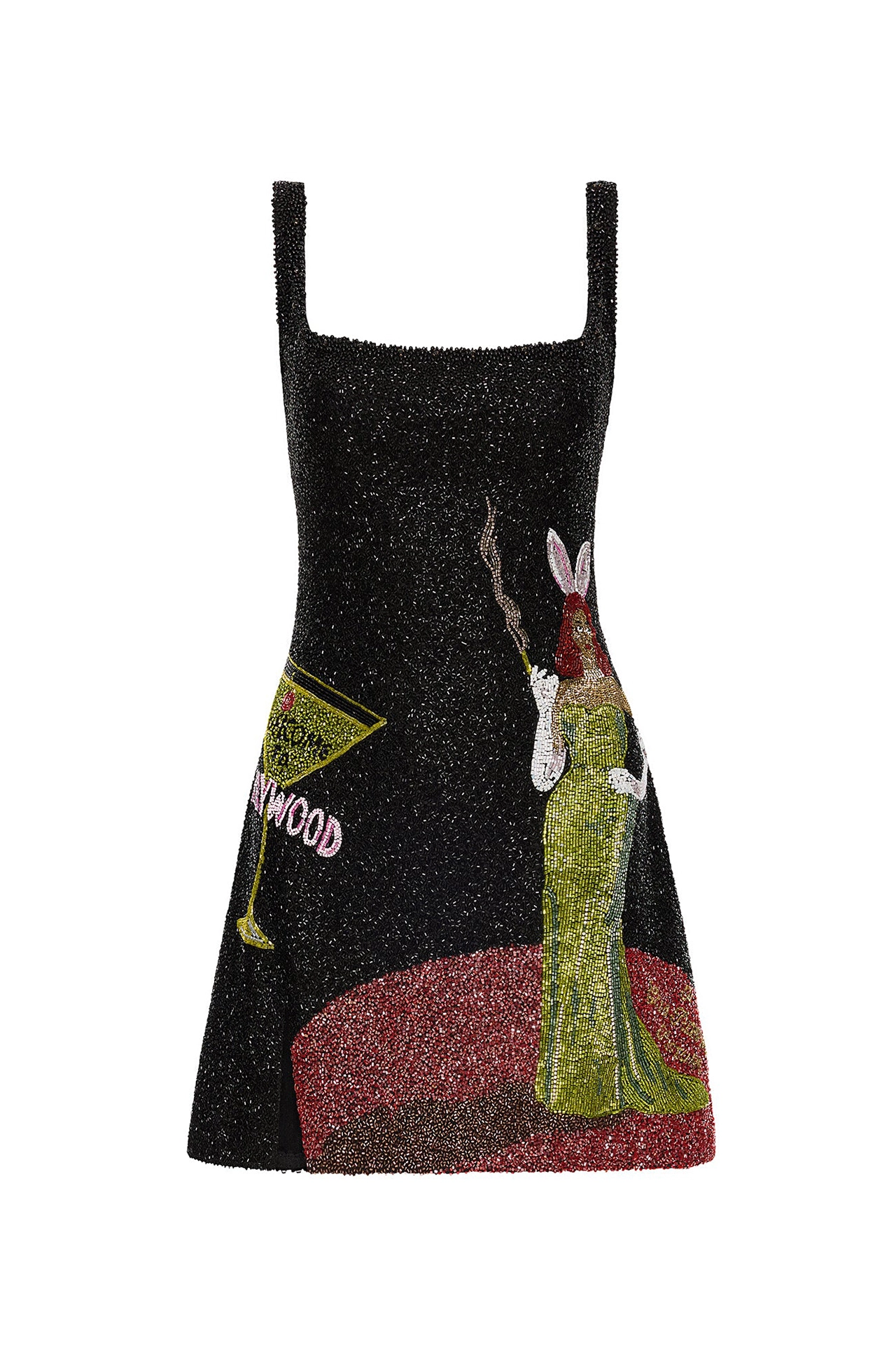 Full view of a sparkly mini dress for women with a side thigh split
