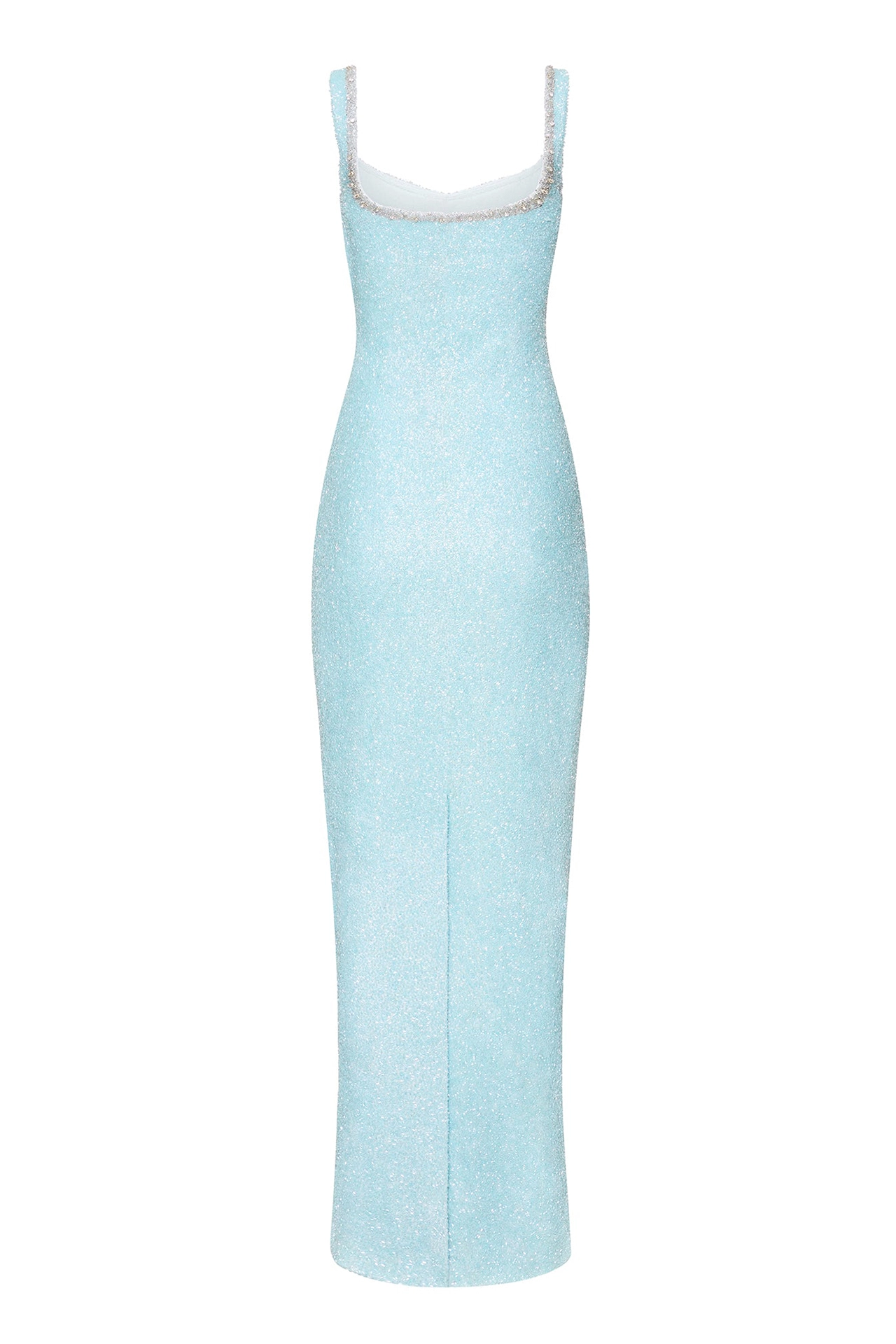 Light blue beaded maxi dress back view showing smooth lining and back walk slit from Capri Gown