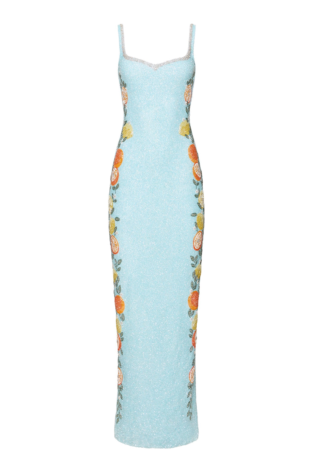 Full front view of sparkly maxi dress for women showing column shape from Capri Gown