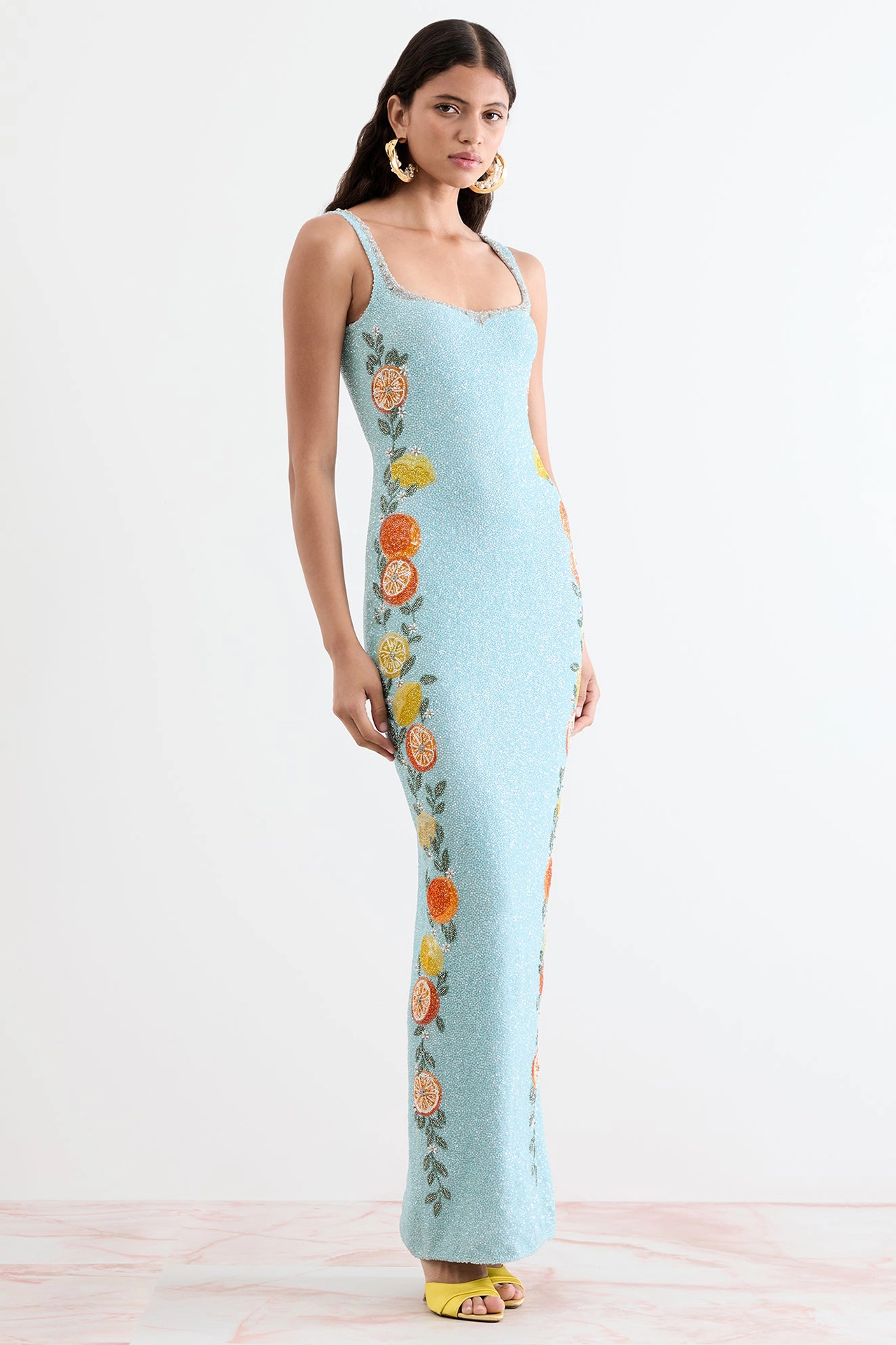 Light blue beaded maxi dress with citrus fruit motifs by Fab by Amirah seen in Capri Gown