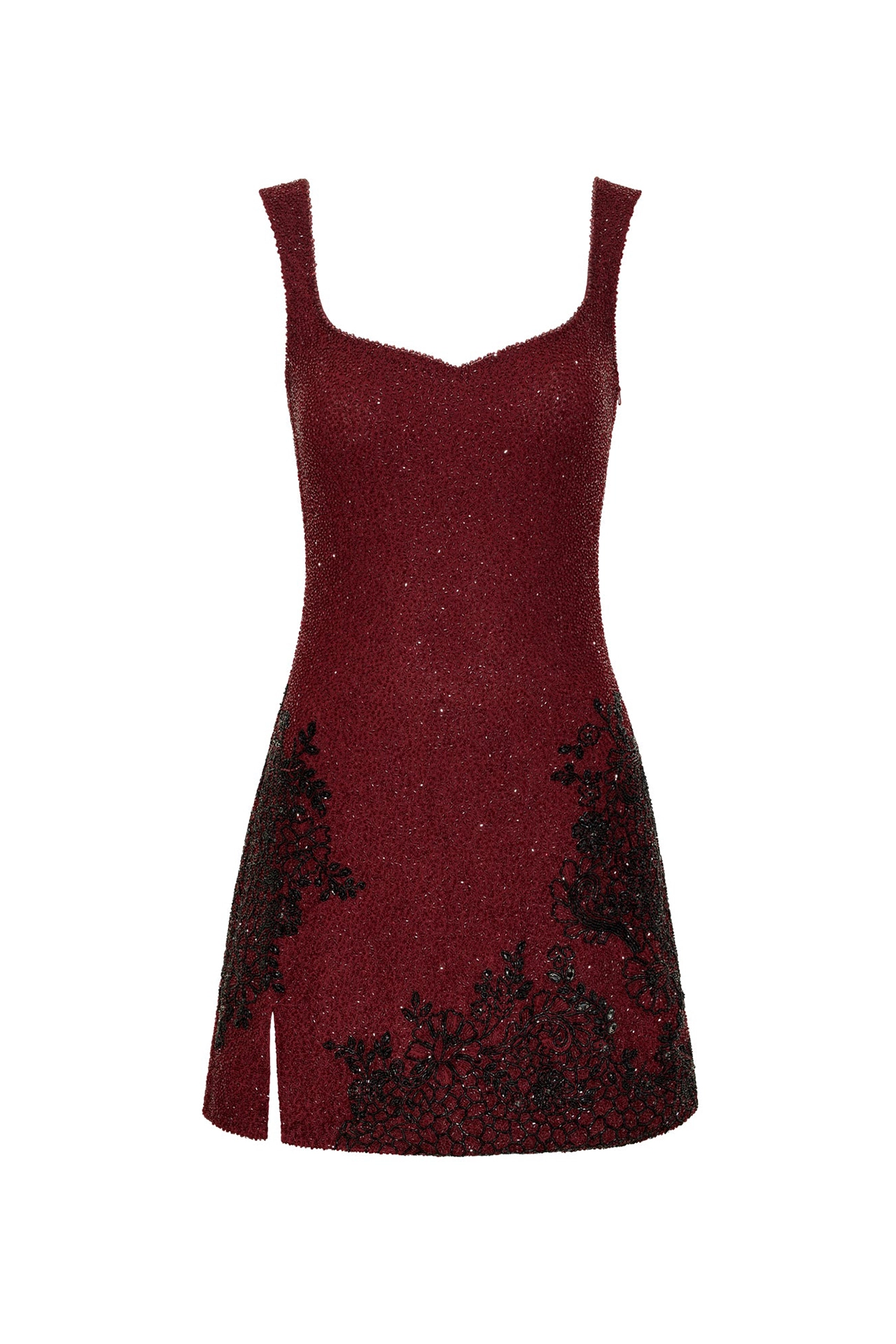Full-length front view of fit-and-flare garnet red short dress by Fab by Amirah