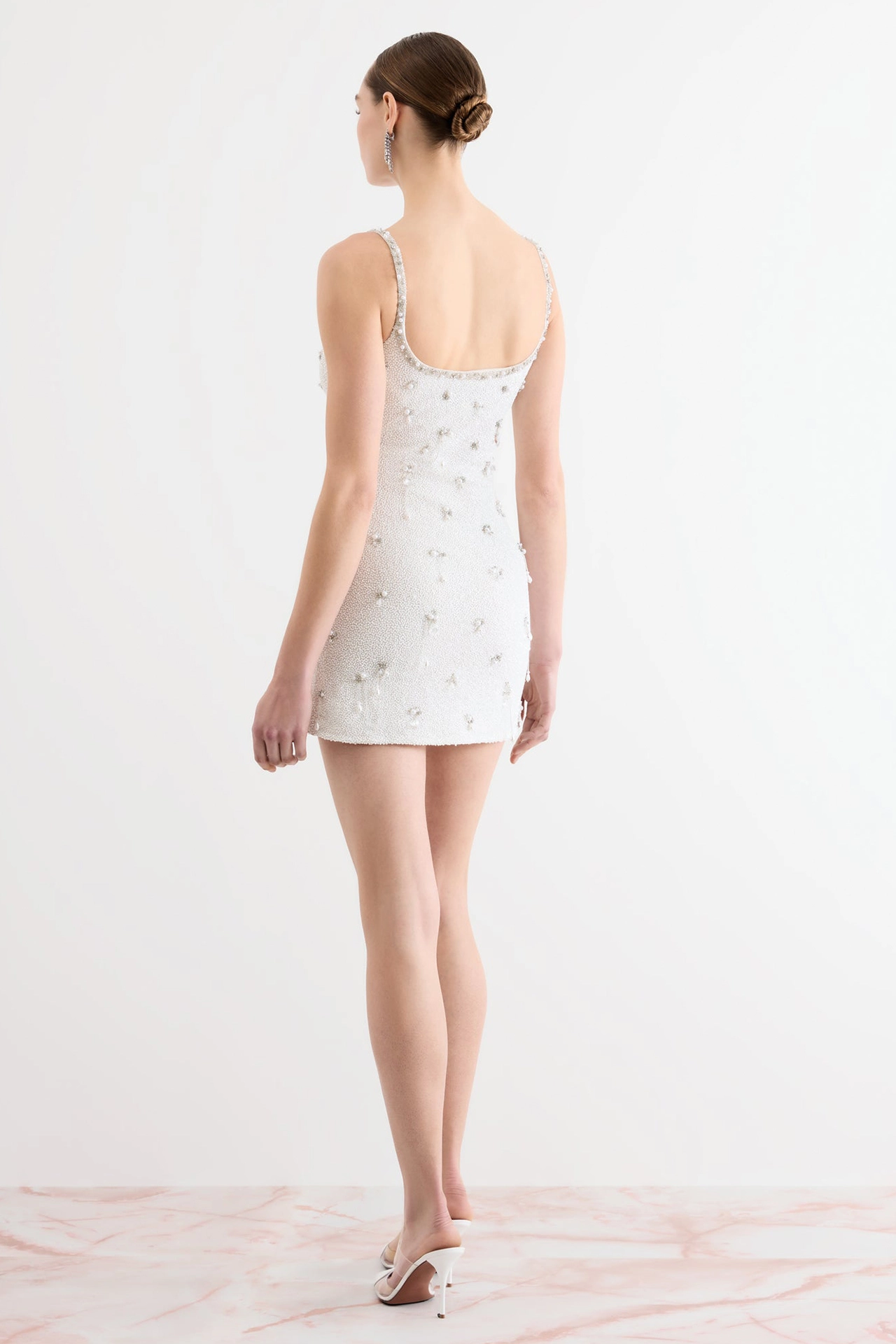 White sparkly cocktail dress back view with scoop neckline from Droplet Mini Mannequin