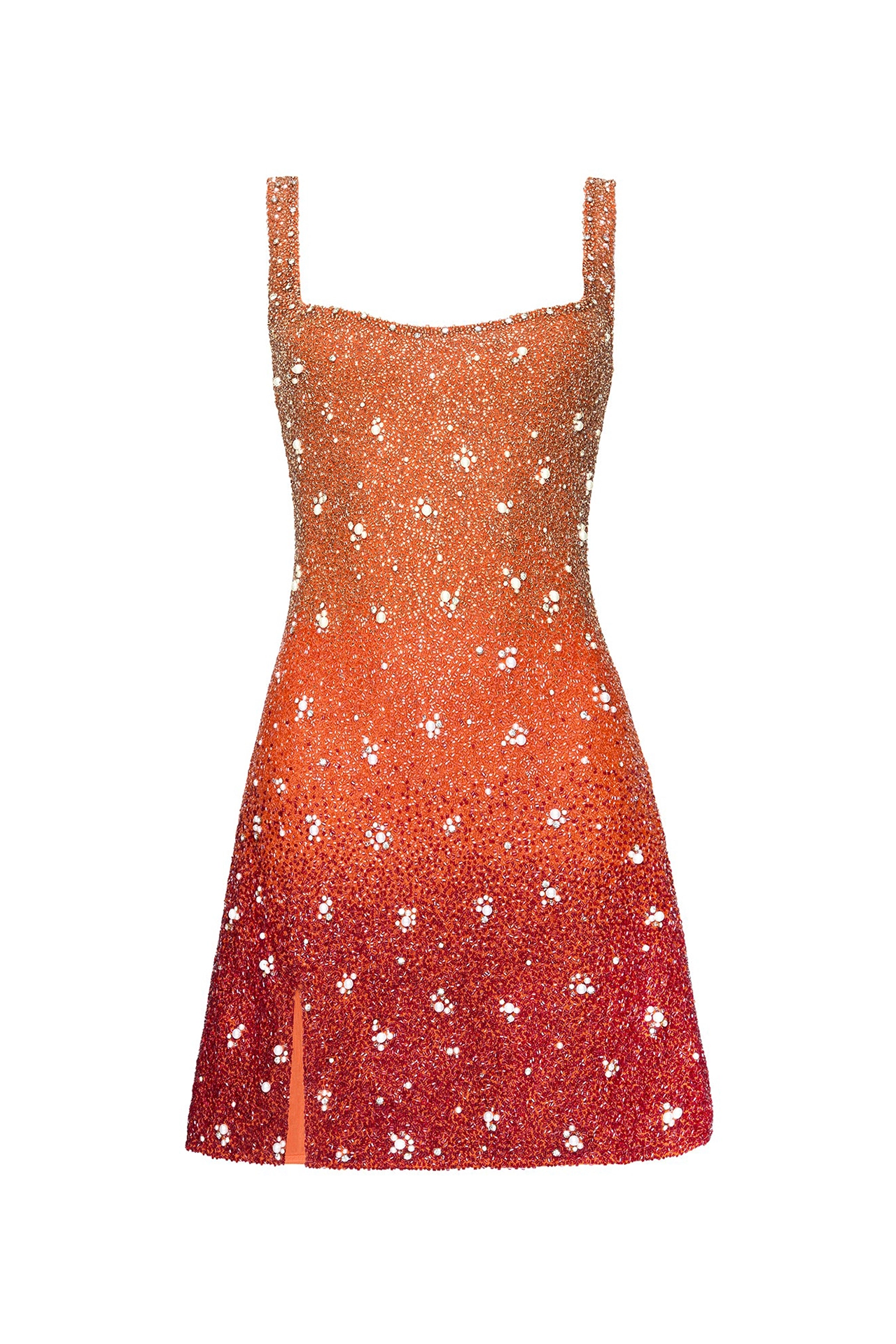 Studio front shot of orange dress with pearl clusters on form from Gradient Mini Phoenix