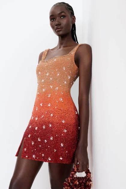 Fiery ombre gradient mini dress front view with all-over glass beads from Gradient Mini Phoenix