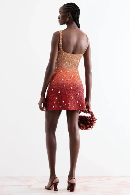 Fiery ombre gradient mini dress back view showing deep scoop neckline from Gradient Mini Phoenix