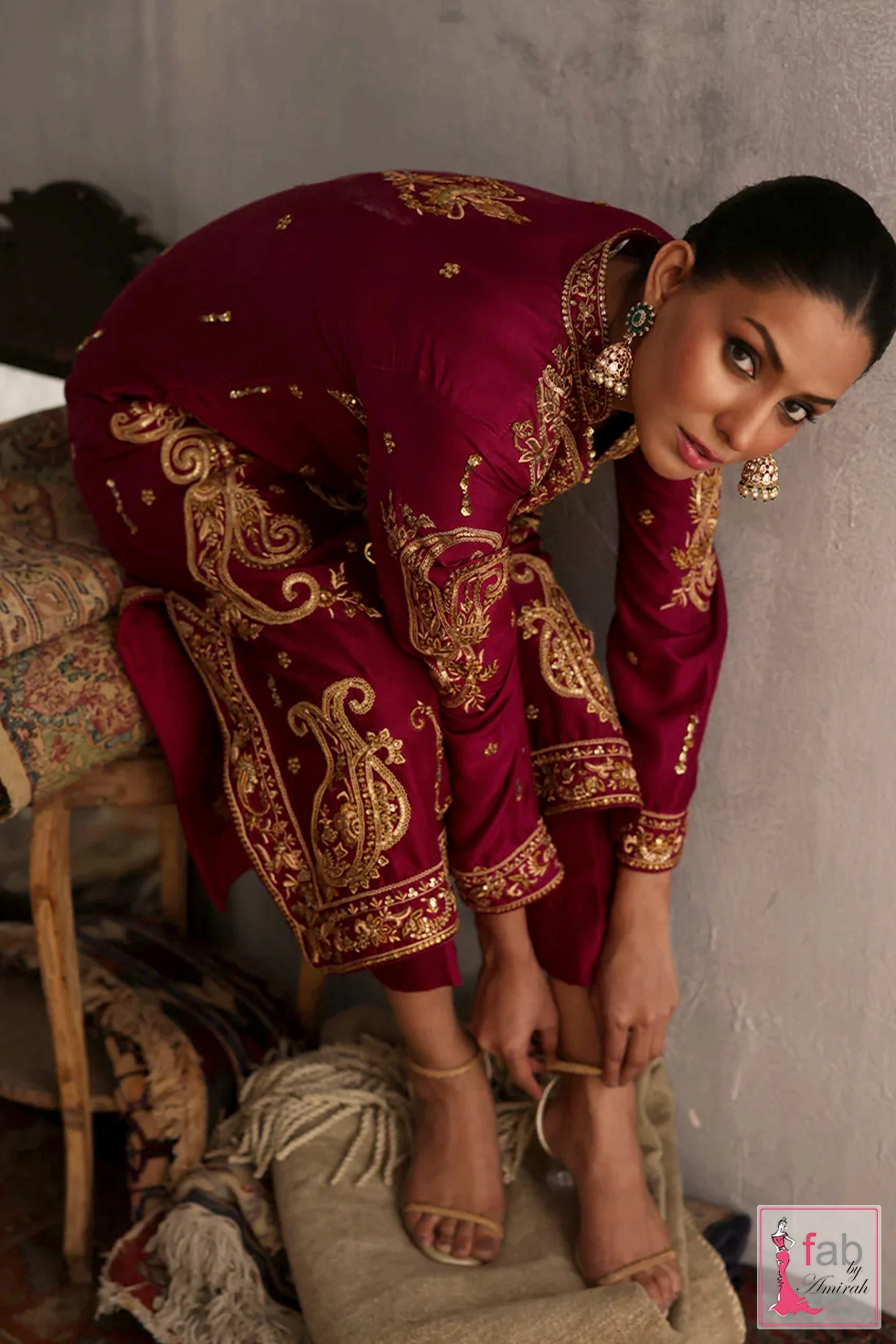 Coordinating raw silk pants with delicate hand worked zardozi finishing panels