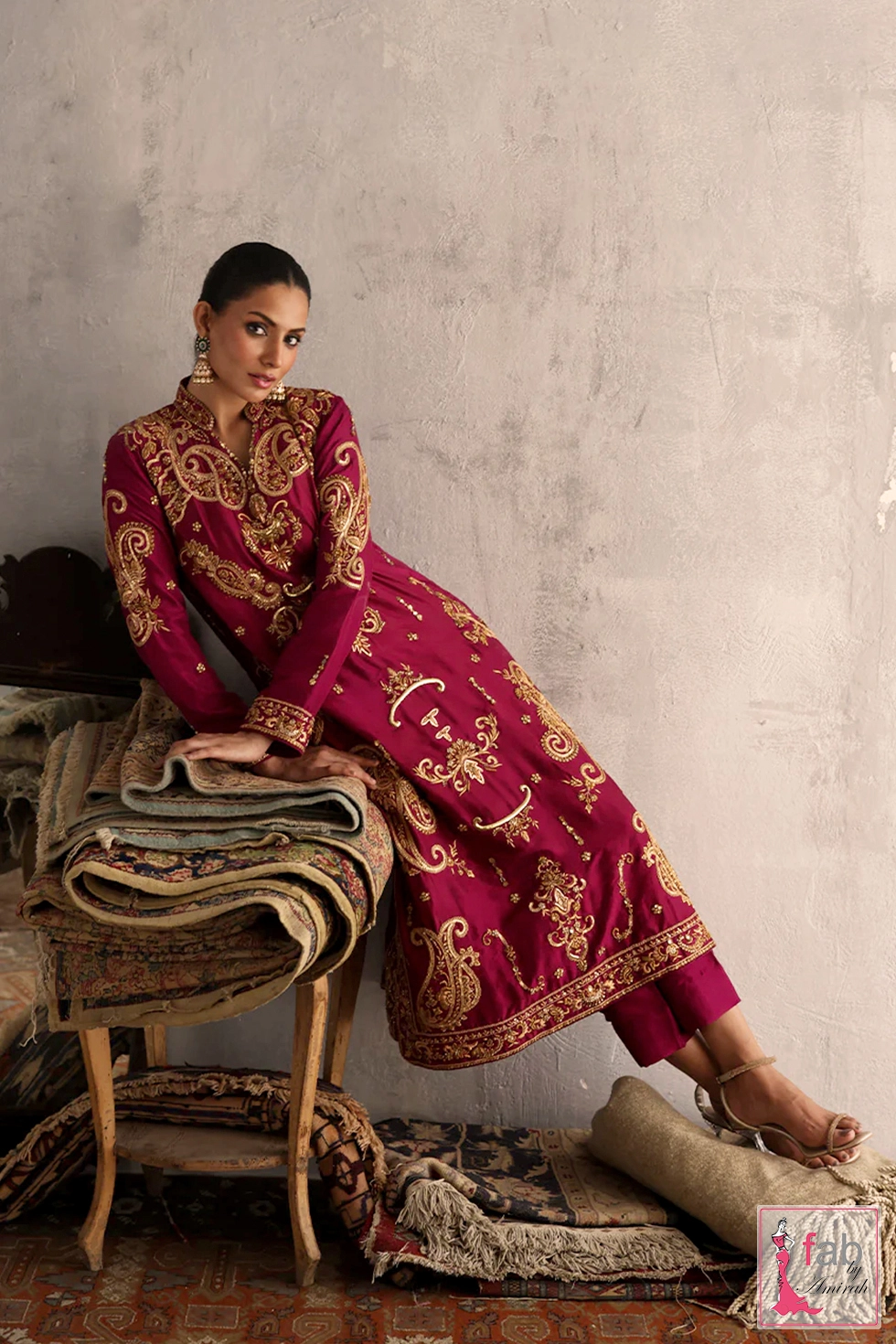 Contrasting kataan silk dupatta featuring colorful thread work and four sided borders