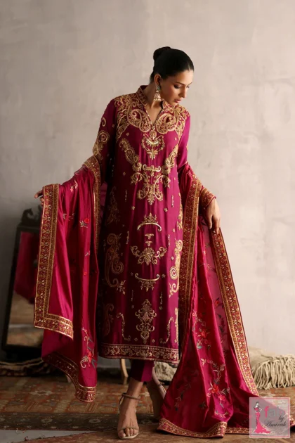 FAB By AMIRAH 4 Magenta silk formal dress with heavy gold zardozi neckline work by Fab By Amirah