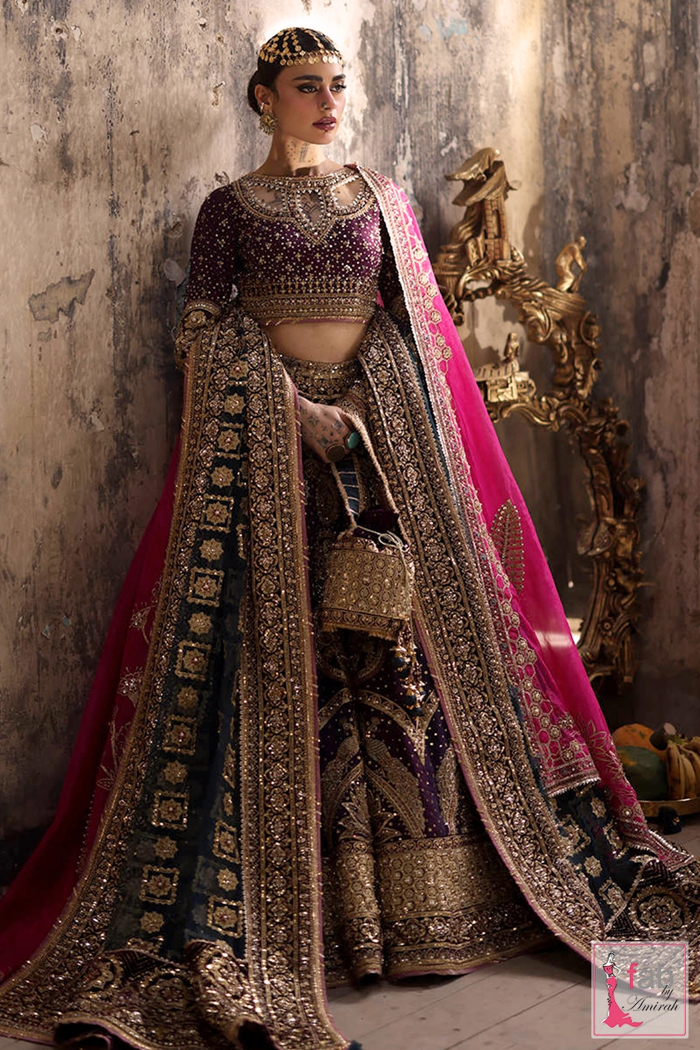 Complete plum bridal lehenga set with dual custom dupattas