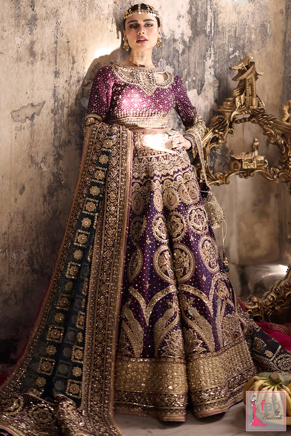 Complete plum bridal lehenga set with dual custom dupattas