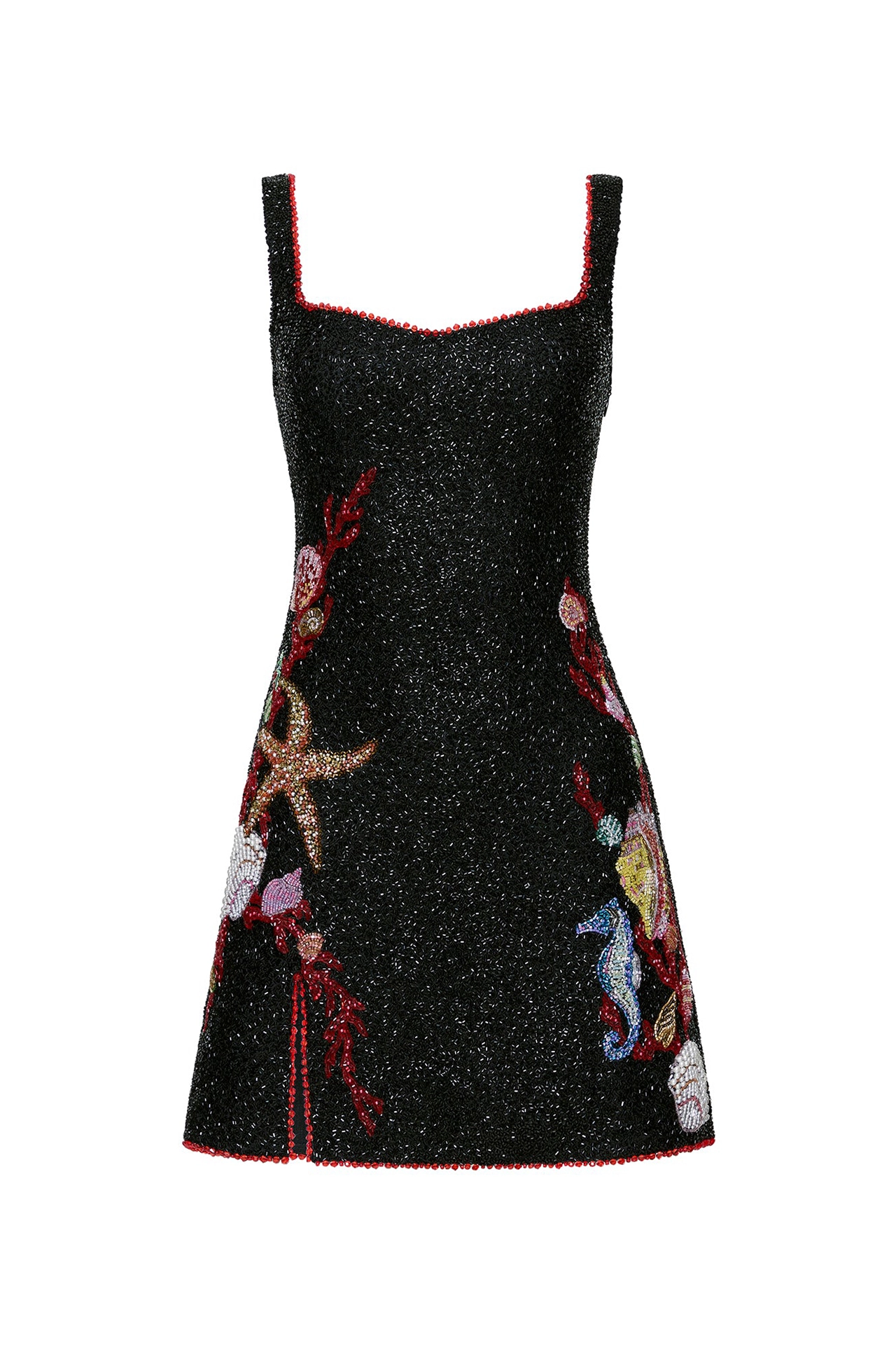 Front studio view of black sparkly mini dress for women from Marina Mini