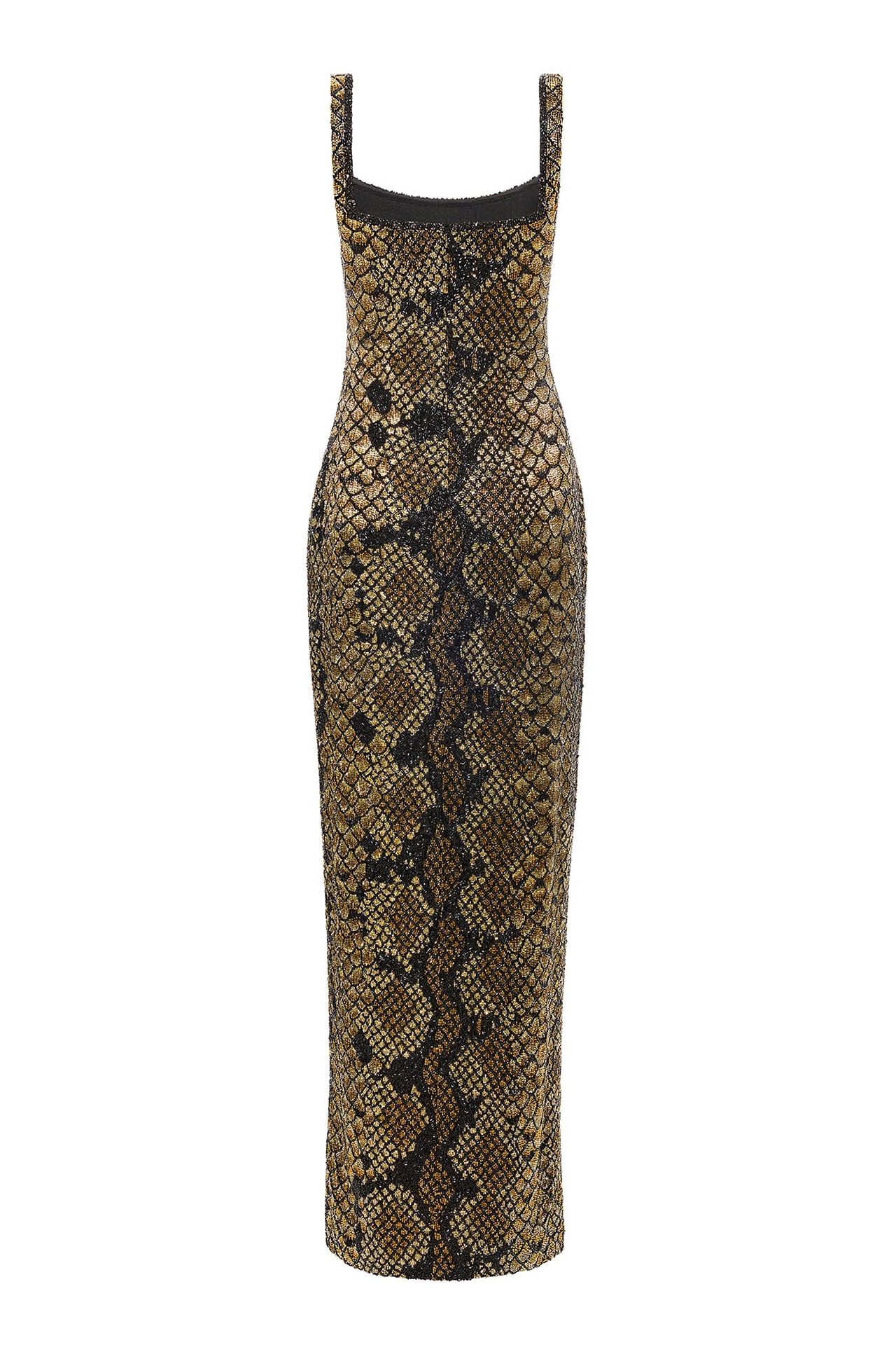Model wearing gold snakeskin print evening dress with high heels for a fancy long dress for party look