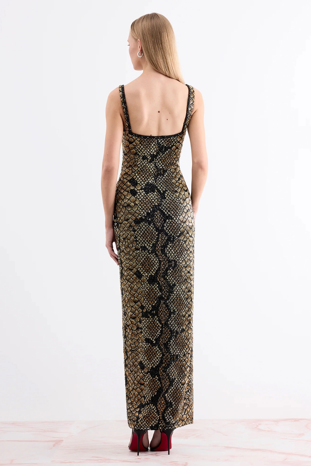Snakeskin print evening dress back view showing wide straps and invisible zipper closure