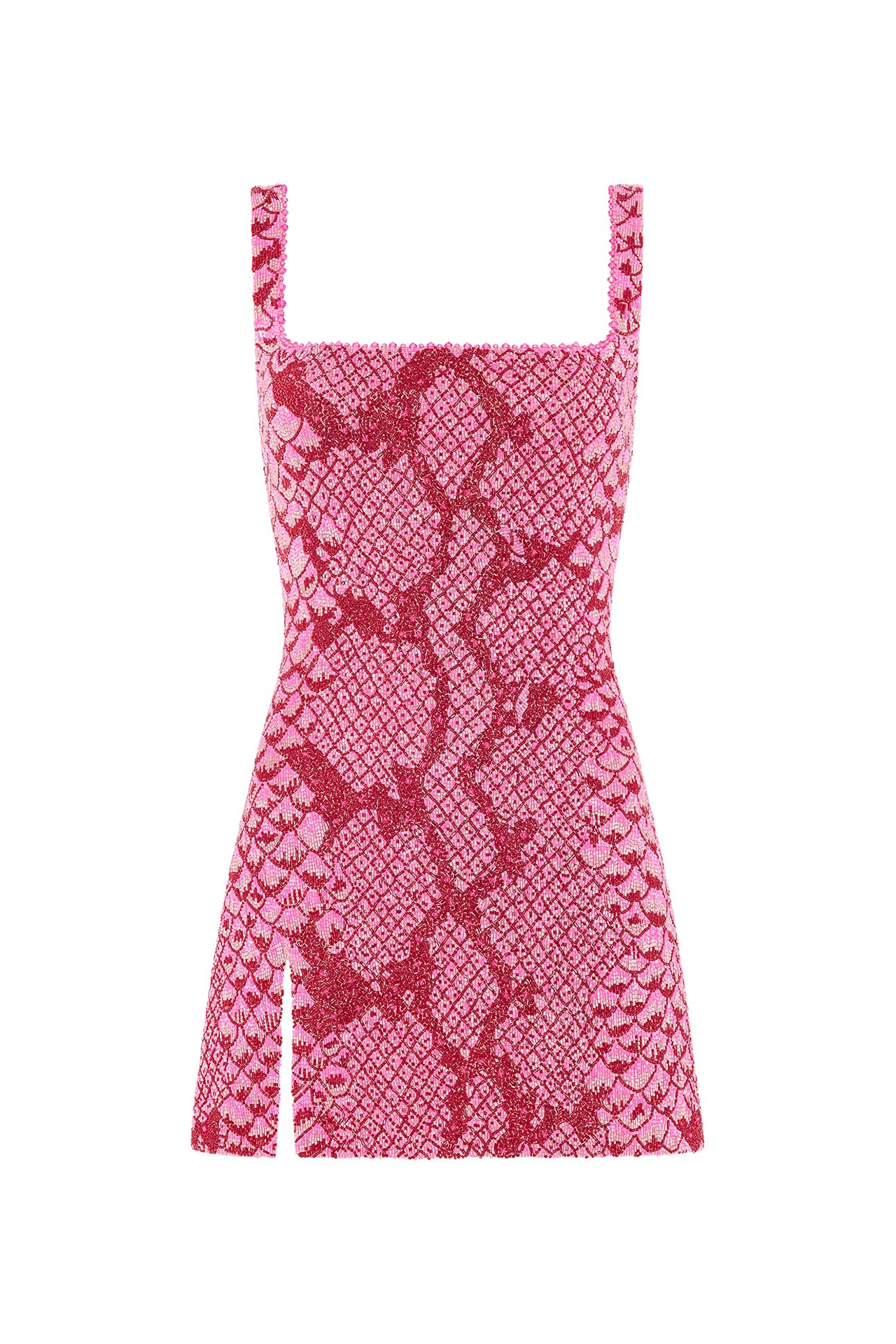 Hot pink cocktail dress with red encrusted square neckline and side slit