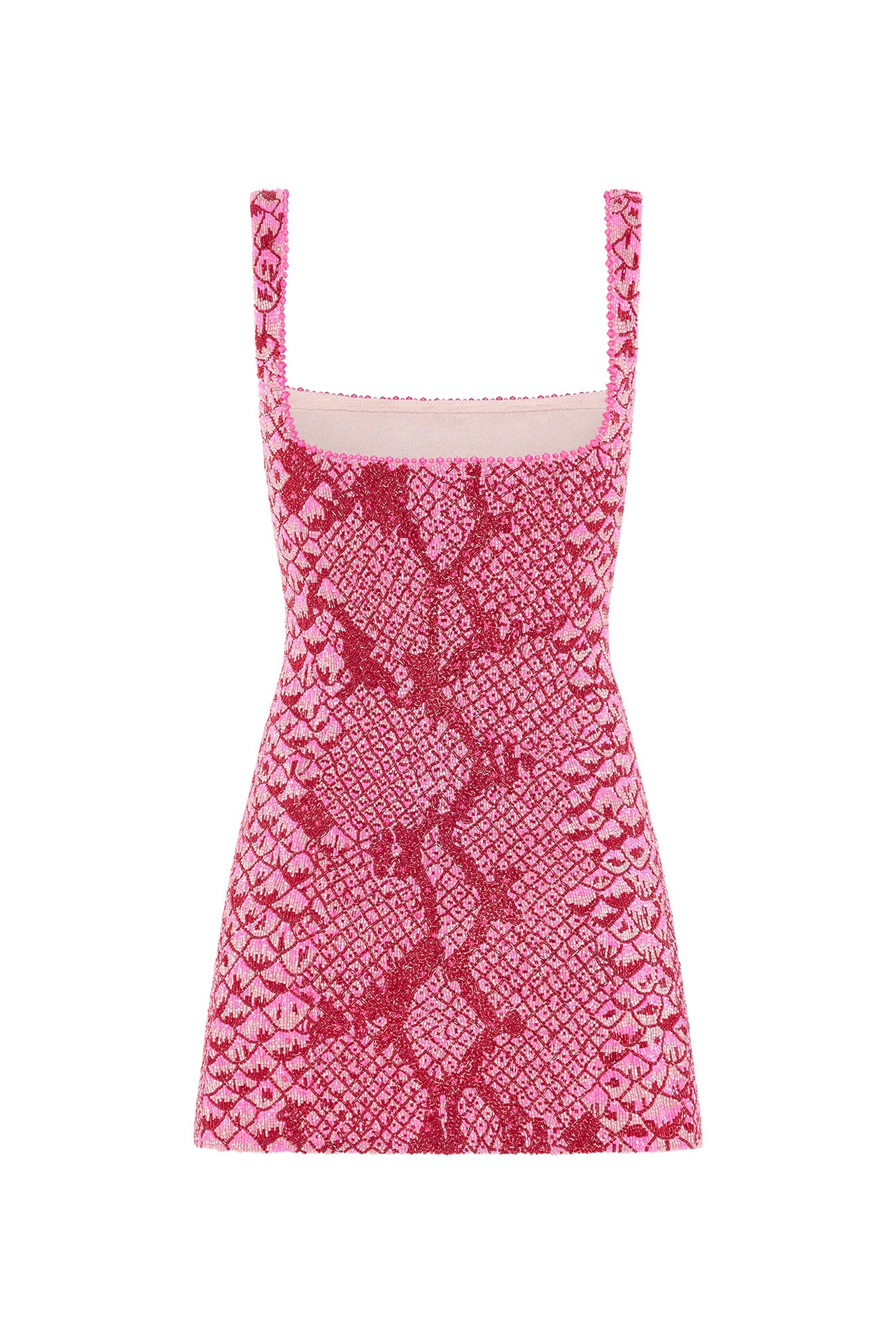 Back flat lay view of hot pink cocktail dress with square back and thick straps