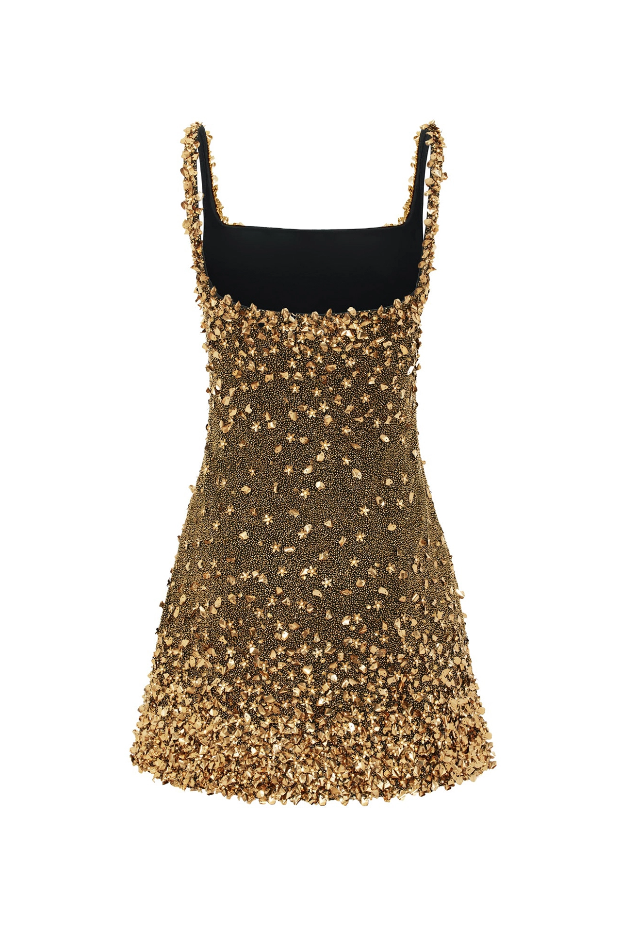 Gold sequin party dress back view showing square neck and straps on model