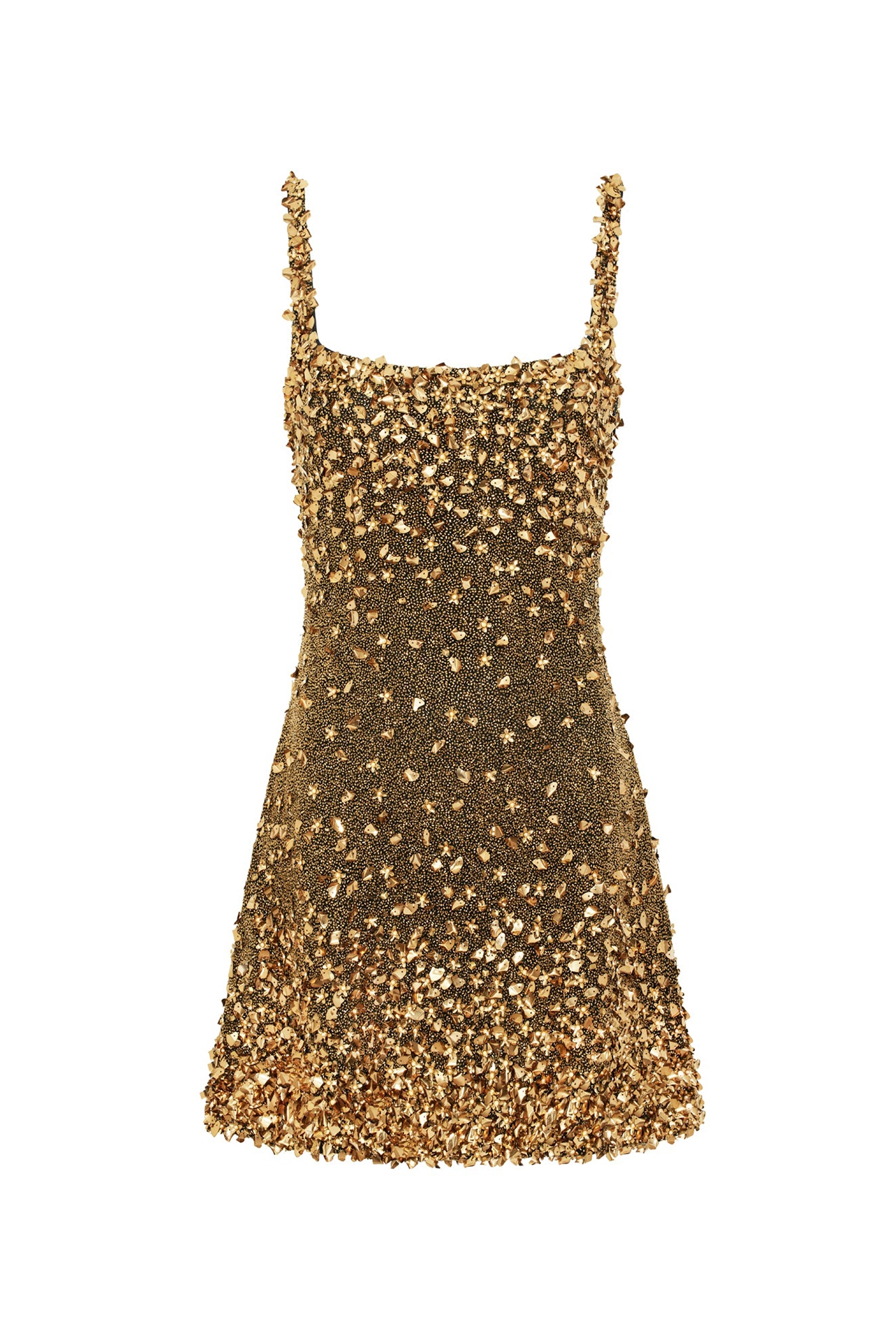 Gold sequin party dress styled on model with silver high heels for party look
