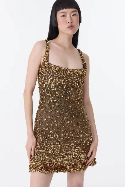 Gold sequin party dress close-up showing premium 3D flower sequins