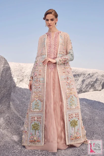 Luxury Pakistani engagement dress with ivory organza jacket and pink kalidar by Fab By Amirah