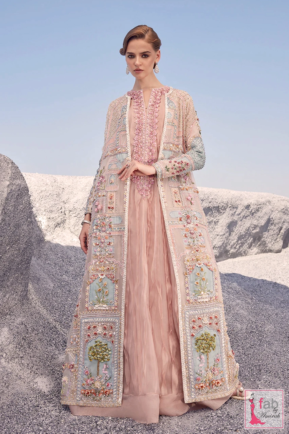 Luxury Pakistani engagement dress with ivory organza jacket and pink kalidar by Fab By Amirah