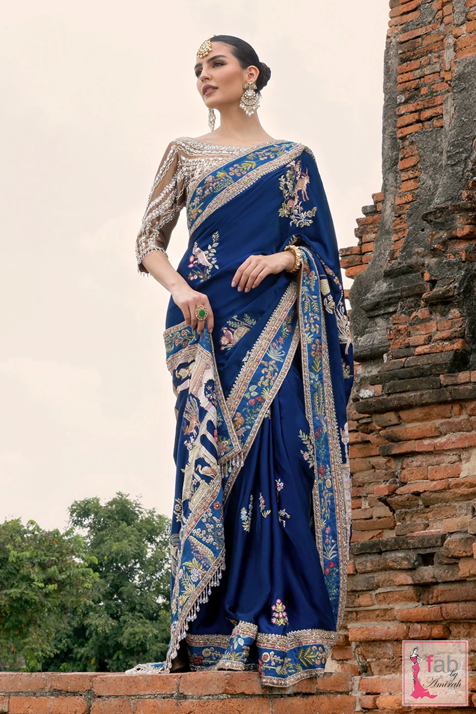 Complete royal blue bridal saree set with tissue blouse included