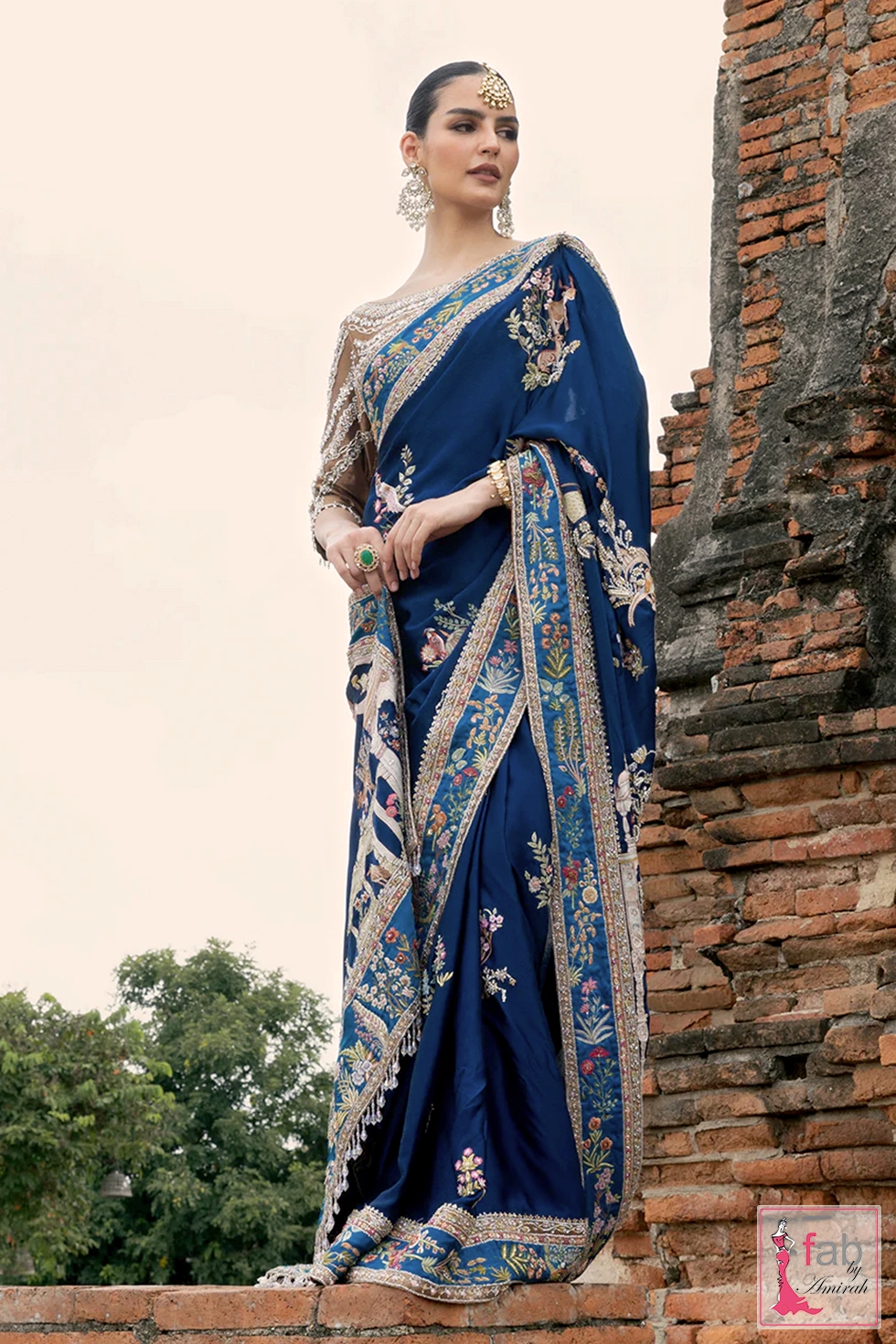 Royal blue silk wedding saree with architectural Mughal borders by Fab By Amirah