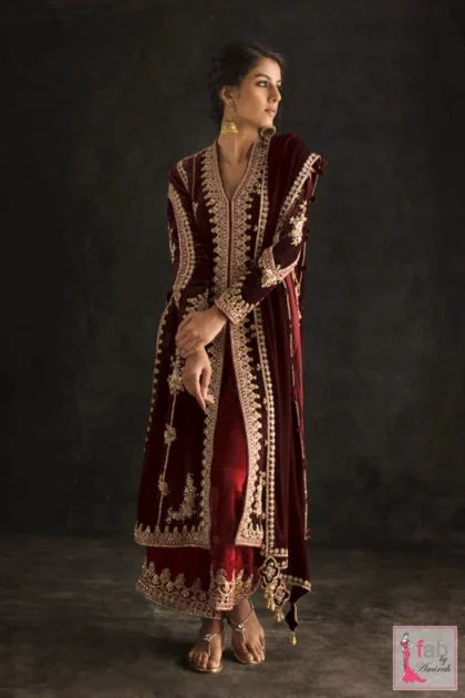 Maroon Velvet Jacket Pakistani wedding style with zardozi embroidery details