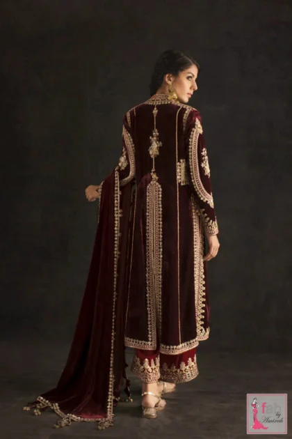 Intricate vertical zardozi work panel on back of velvet jacket