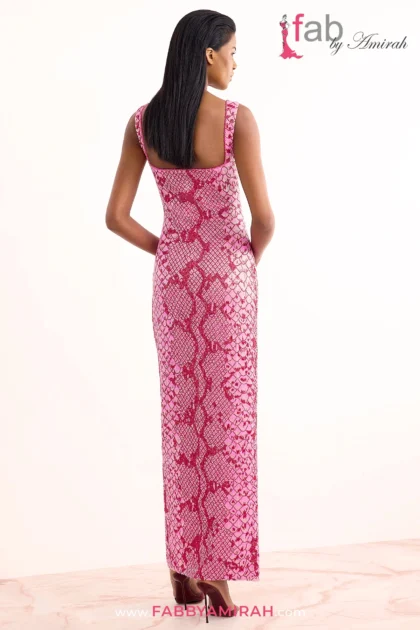 FAB By AMIRAH 5 Back silhouette of the Pink Western Fusion Formal Dress highlighting the fully lined construction and figure-hugging stretch design.