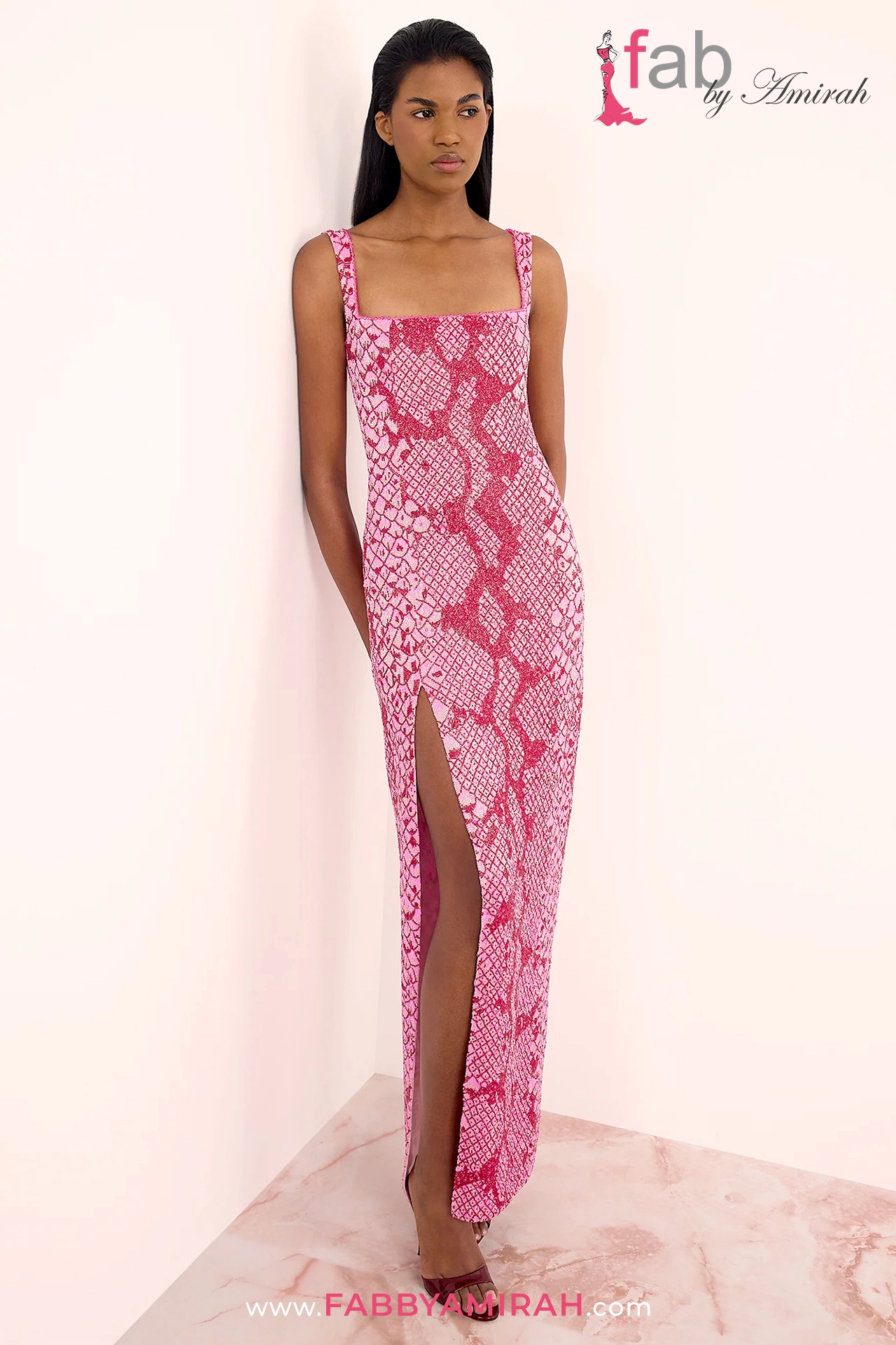 Pink Western Fusion Formal Dress in hot pink with hand-embellished snakeskin beadwork and thigh-high split.