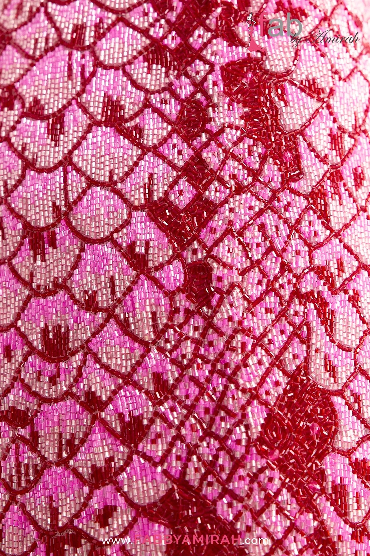 Macro detail of intricate hand-beaded snakeskin pattern on the Pink Western Fusion Formal Dress catching the light.