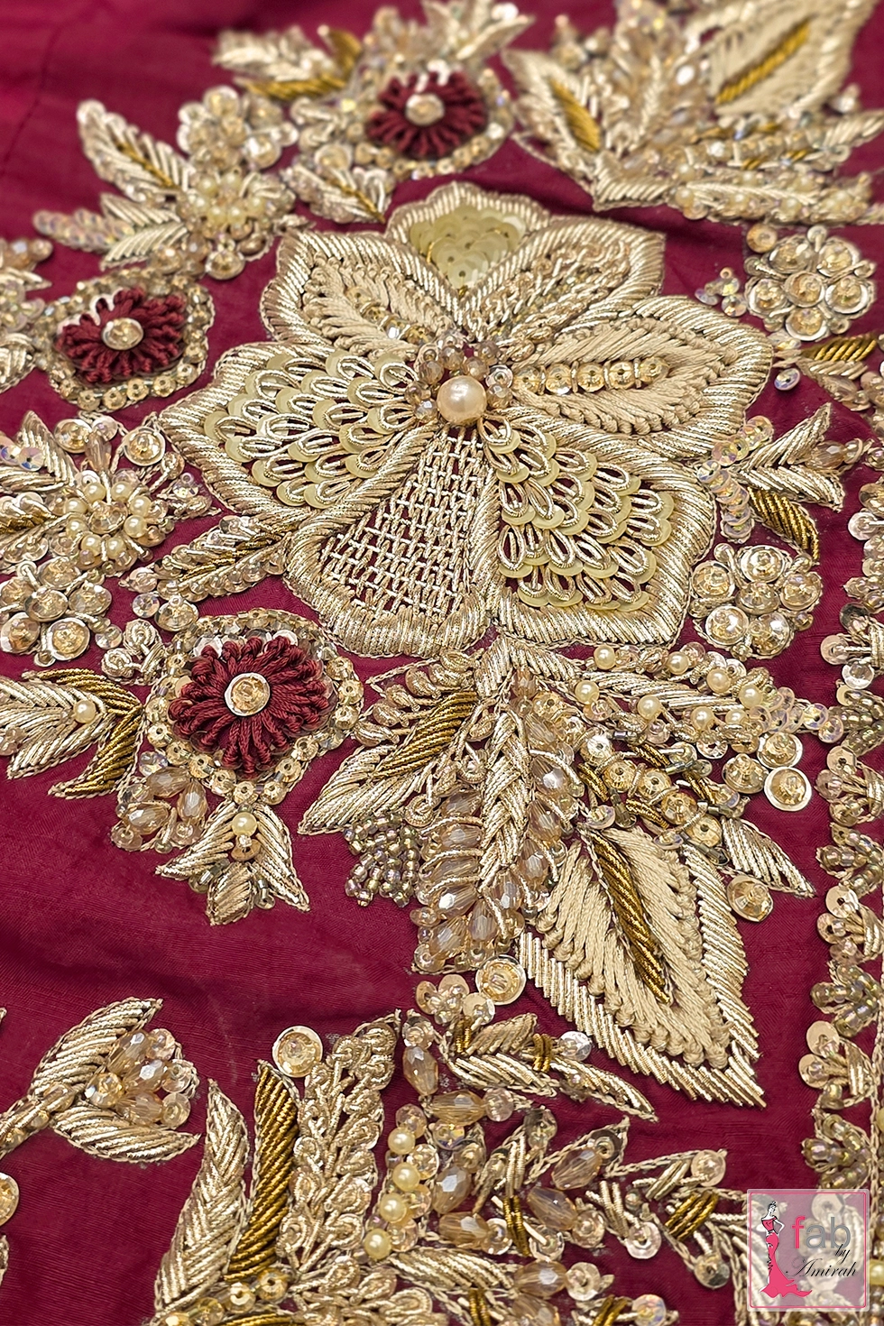 Intricate champagne gold zardozi and pearl motif detail by Fab By Amirah