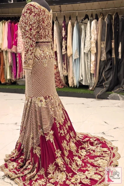 Complete deep plum and gold royal Pakistani bridal ensemble for Barat
