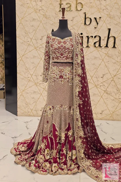 Maroon bridal lehenga for Barat in pure raw silk by Fab By Amirah