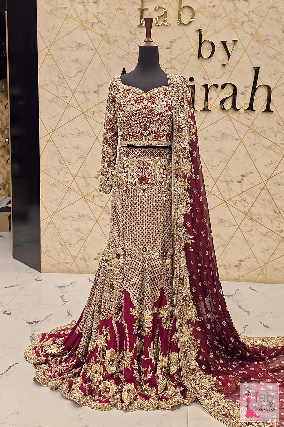 Maroon bridal lehenga for Barat in pure raw silk by Fab By Amirah