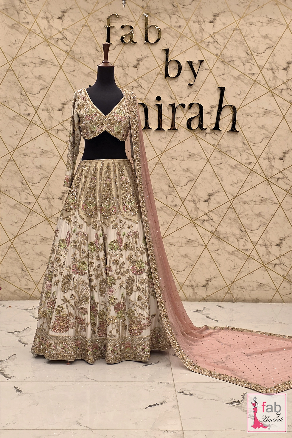 Complete ivory bridal lehenga set with pink tissue net dupatta included Complete ivory bridal lehenga set with pink tissue net dupatta included
