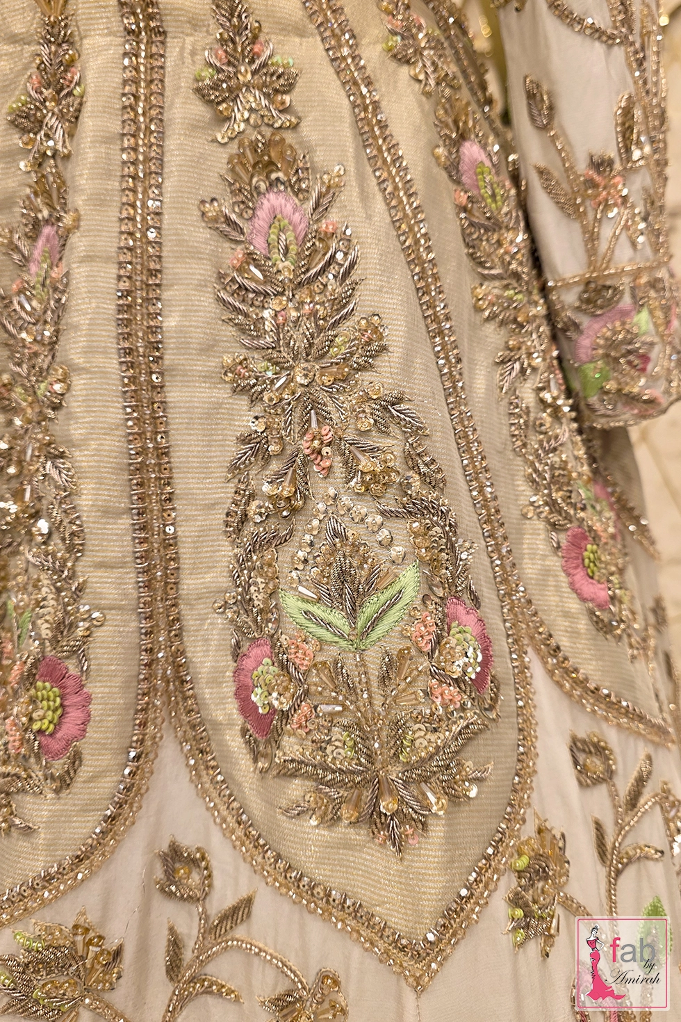 Artisan handwork featuring custom flamingo and lotus motifs on lehenga panels Artisan handwork featuring custom flamingo and lotus motifs on lehenga panels