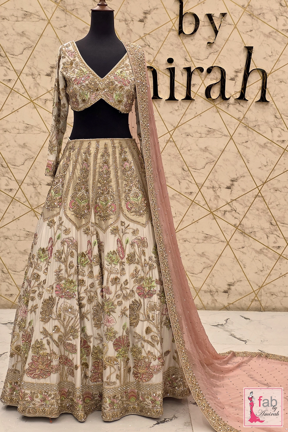 Exquisite Ivory Silk Bridal Lehenga Barat — 2026 Collection 1 Ivory silk bridal lehenga Barat with intricate pastel embroidery by Fab By Amirah